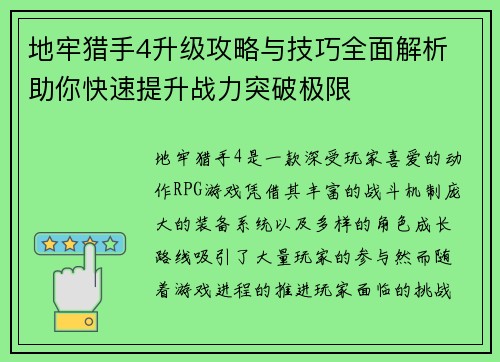 地牢猎手4升级攻略与技巧全面解析 助你快速提升战力突破极限